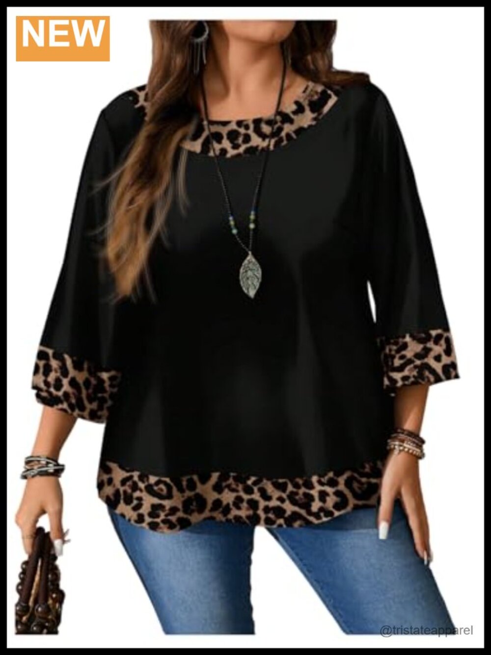 Plus Size Leopard Print 3/4 Sleeve Blouse Dressy Casual Fall Top